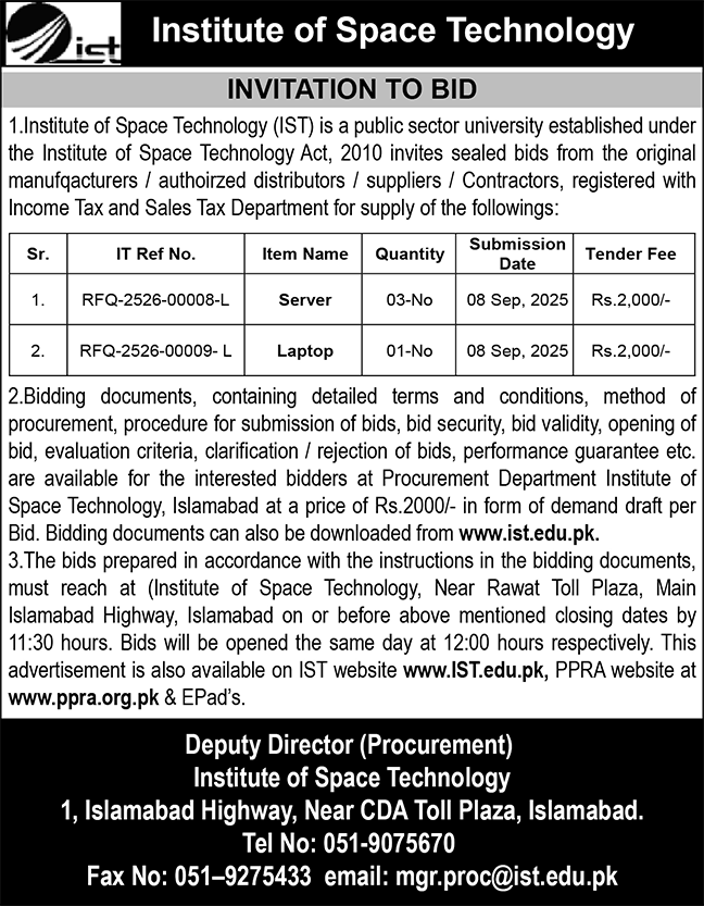 Institute of Space Technology Islamabad Tender Notice
